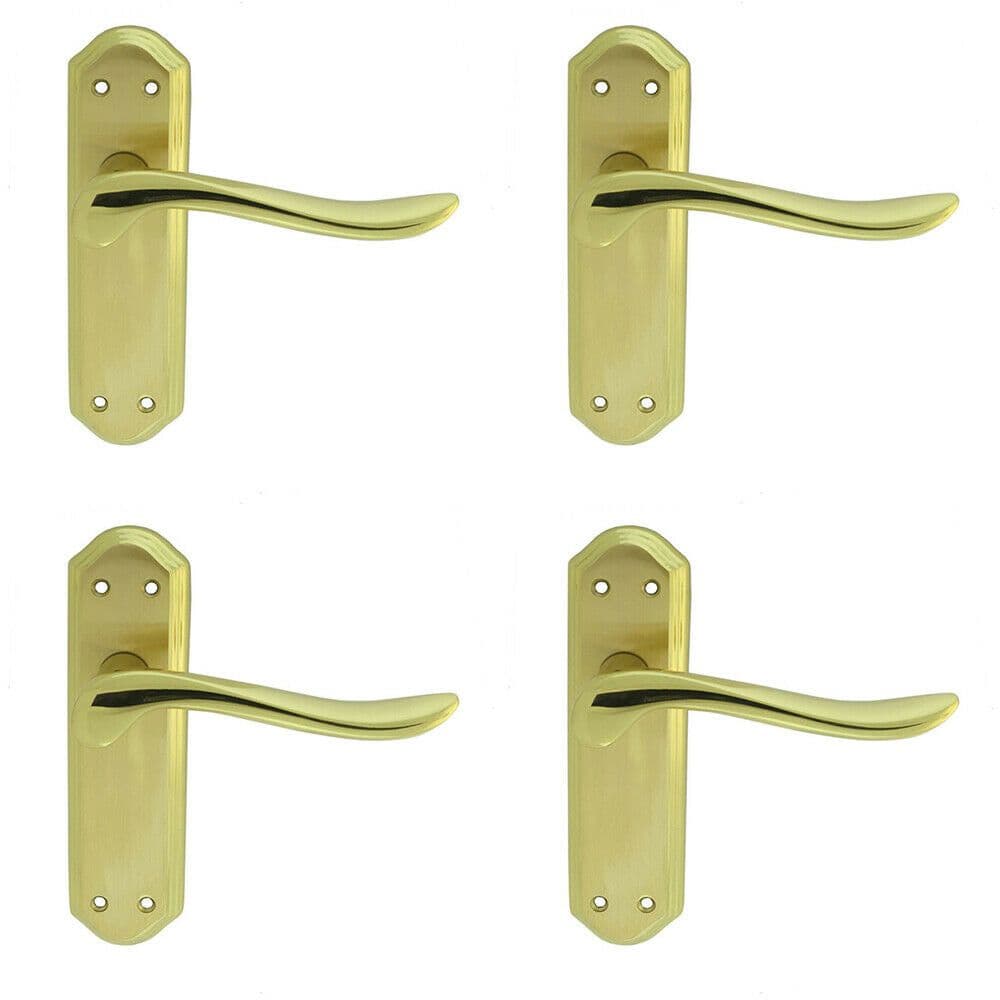 4x PAIR Curved Lever on Sculpted Latch Backplate 180 x 48mm Satin Polished Brass
