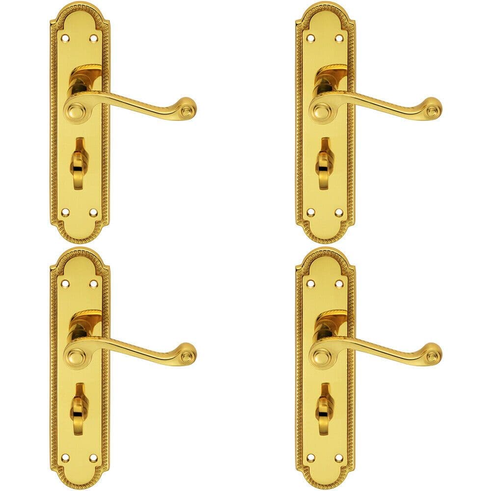 4x PAIR Reeded Scroll Lever on Shaped Bathroom Backplate 205 x 49mm Brass