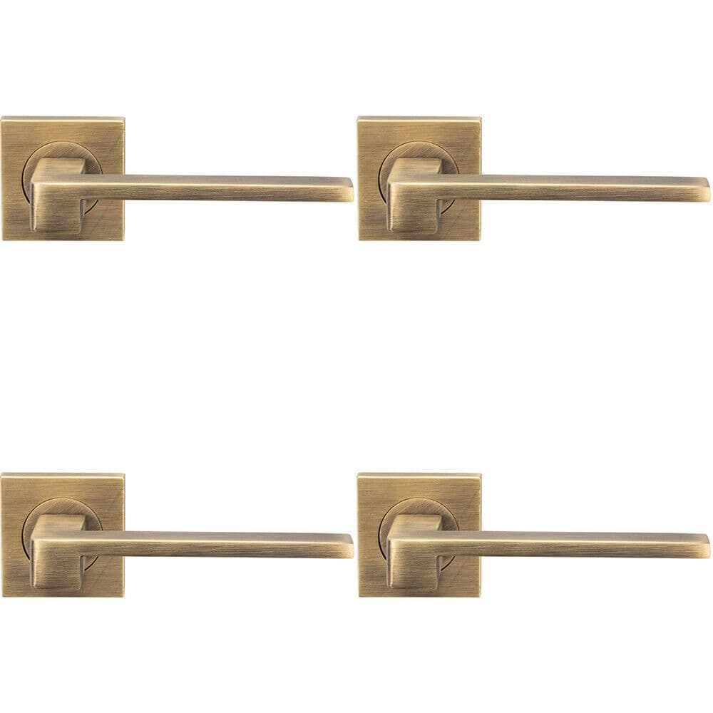 4x PAIR Flat Squared Bar Handle on Square Rose Concealed Fix Antique Brass