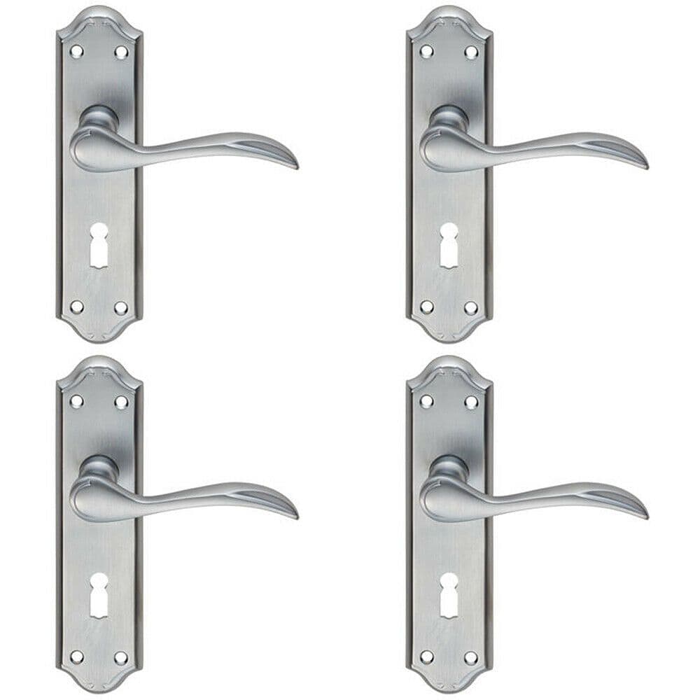 4x PAIR Curved Door Handle Lever on Lock Backplate 180 x 45mm Satin Chrome