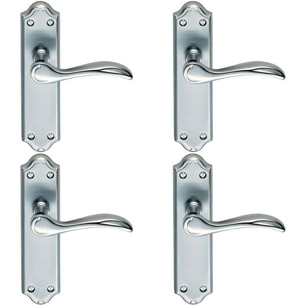 4x PAIR Curved Door Handle Lever on Latch Backplate 180 x 45mm Satin Chrome