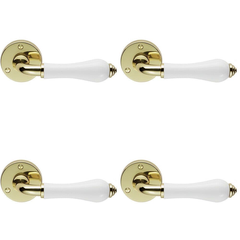 4x PAIR Porcelain Handle Ringed Detailing 58mm Round Polished Brass