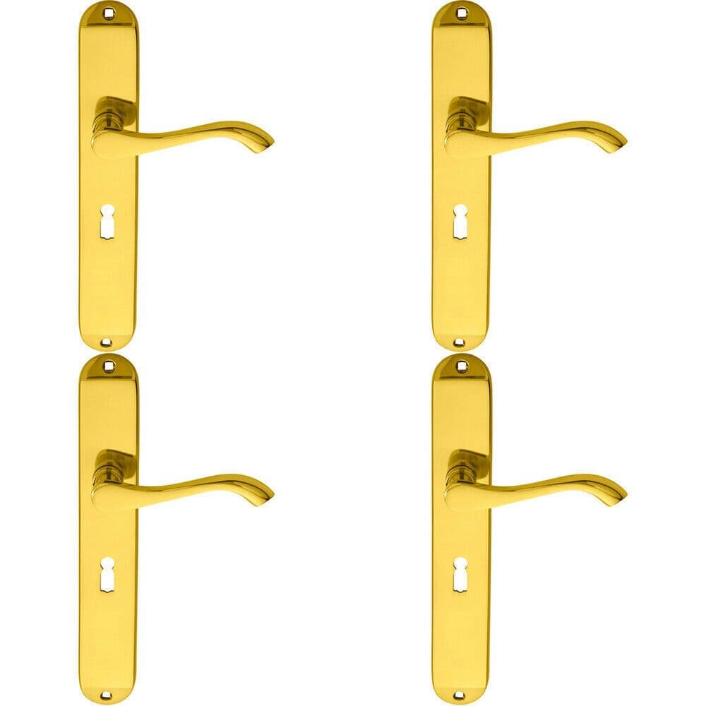 4x PAIR Curved Handle on Long Slim Lock Backplate 241 x 40mm Polished Brass