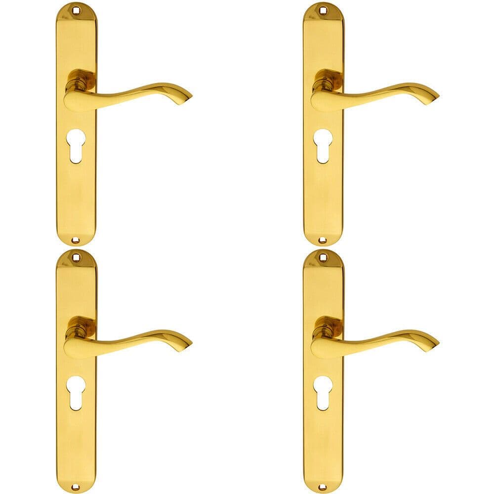 4x PAIR Curved Lever on Long Slim Euro Lock Backplate 241 x 40mm Polished Brass