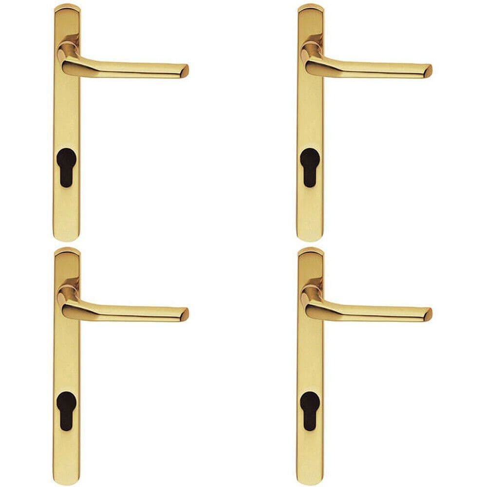 4x Straight Lever Door Handle on Lock Backplate Polished Brass 208mm X 25mm