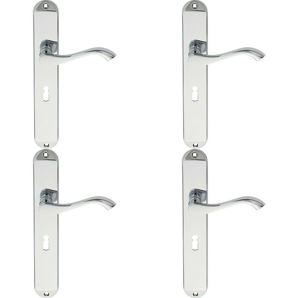 4x PAIR Curved Handle on Long Slim Lock Backplate 241 x 40mm Polished Chrome