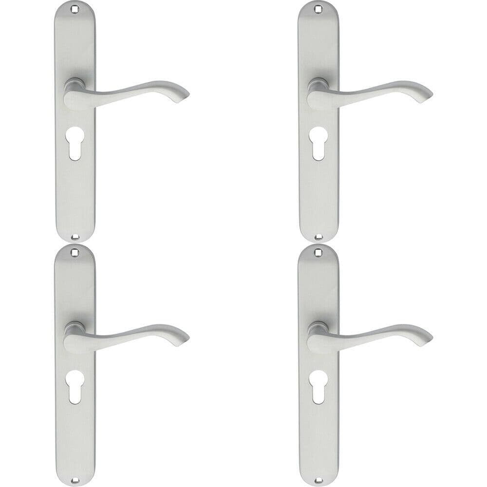 4x PAIR Curved Handle on Long Slim Euro Lock Backplate 241 x 40mm Satin Chrome