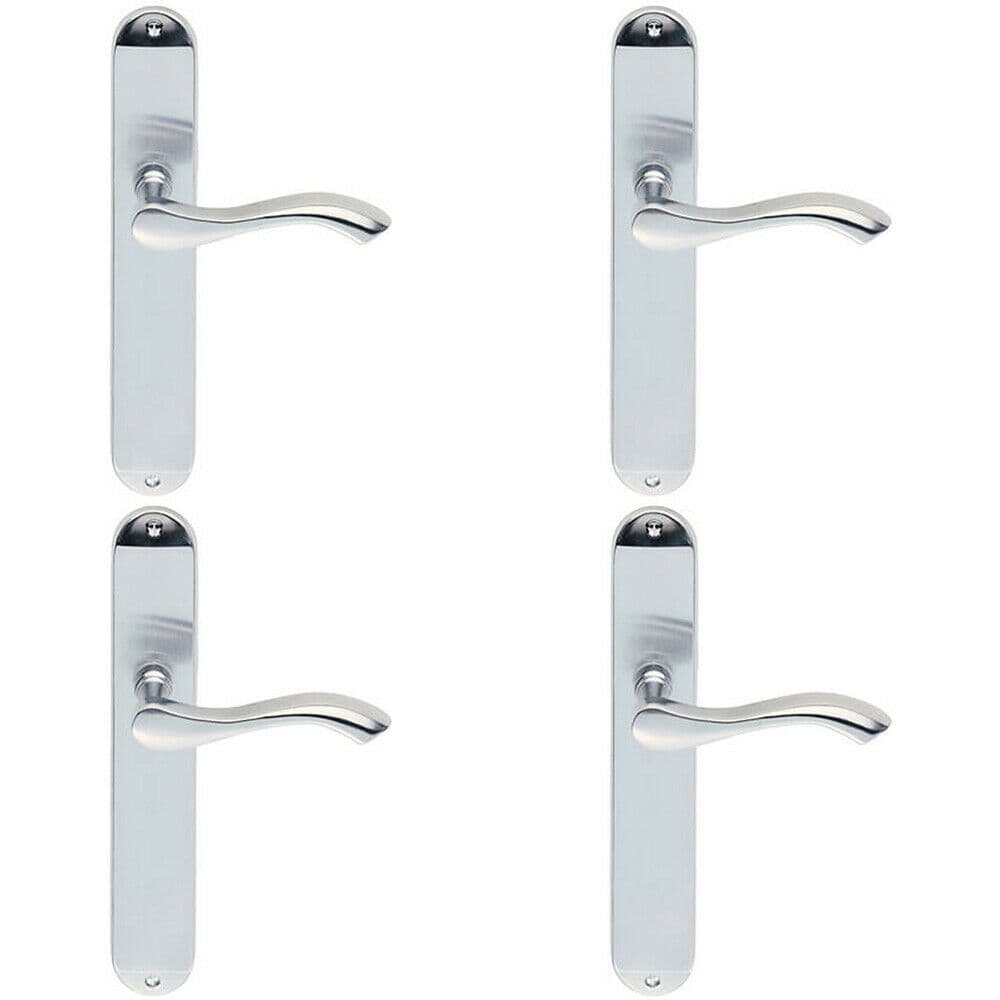 4x PAIR Curved Handle on Long Slim Latch Backplate 241 x 40mm Satin Chrome