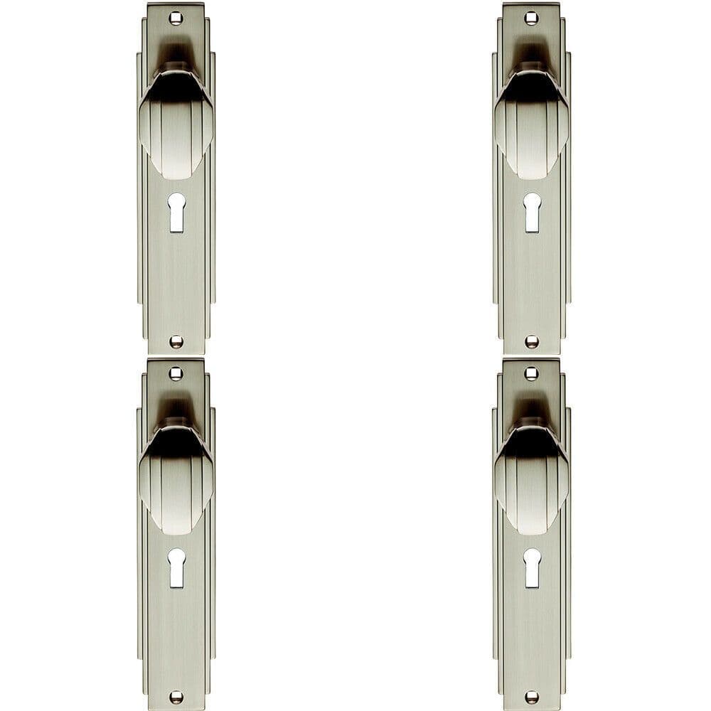 4x PAIR Line Detailed Door Knob on Lock Backplate 205 x 45mm Satin Nickel