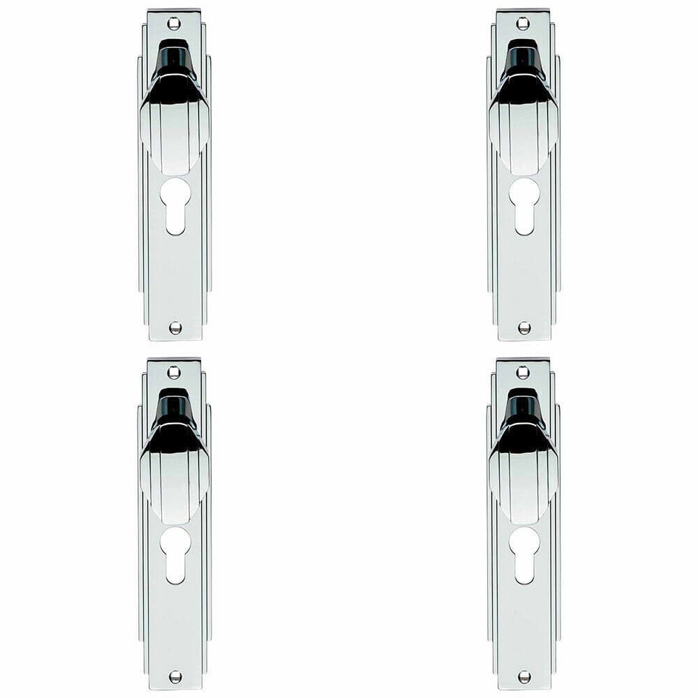 4x PAIR Line Detailed Door Knob on Euro Lock Backplate 205 x 45mm Chrome