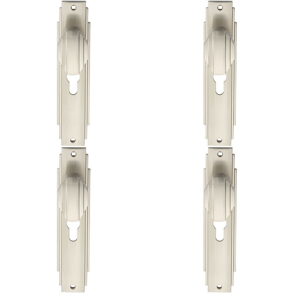4x PAIR Line Detailed Door Knob on Euro Lock Backplate 205 x 45mm Satin Nickel