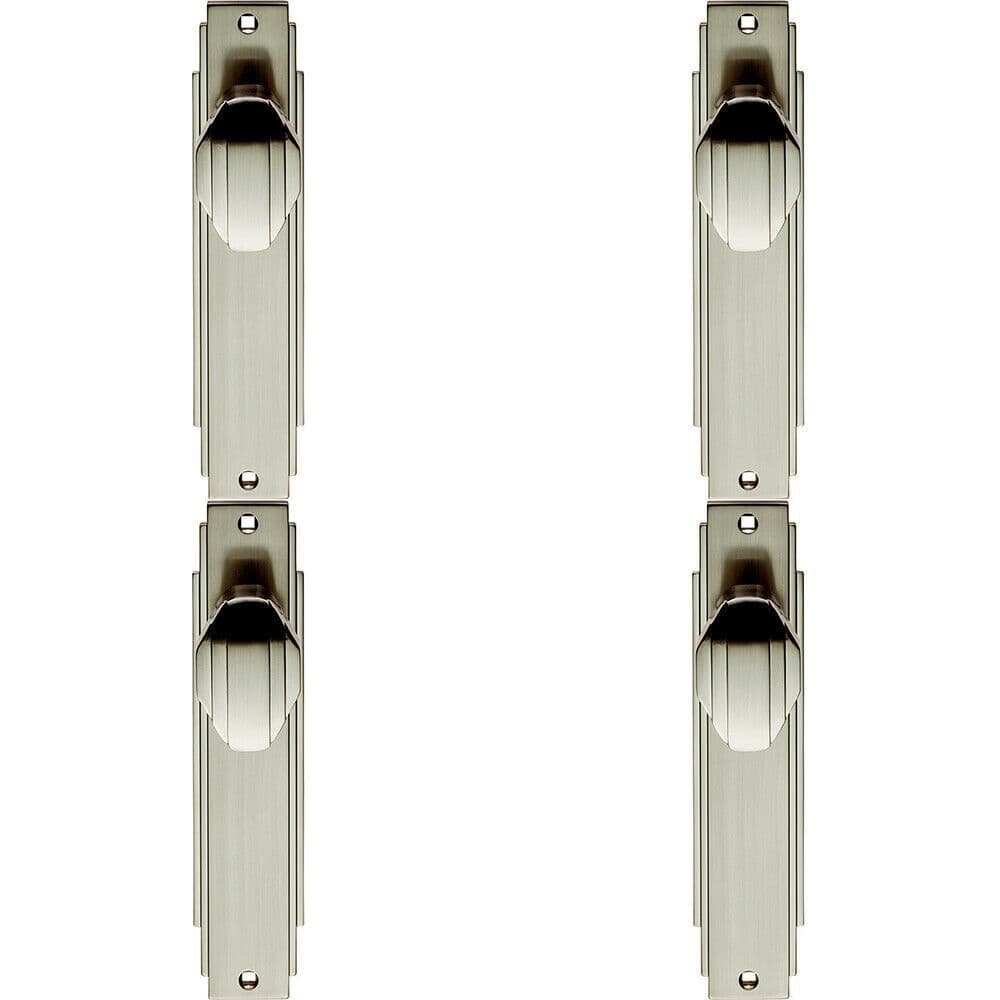 4x PAIR Line Detailed Door Knob on Latch Backplate 205 x 45mm Satin Nickel