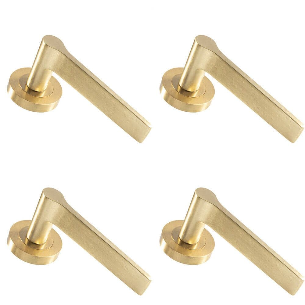 4x PAIR Straight Rounded Handle on Round Rose Concealed Fix Satin Brass