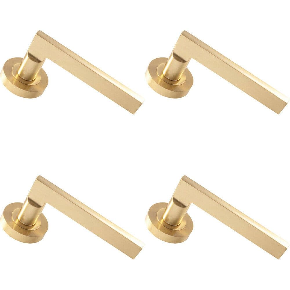 4x PAIR Straight Plinth Mounted Handle on Round Rose Concealed Fix Satin Brass