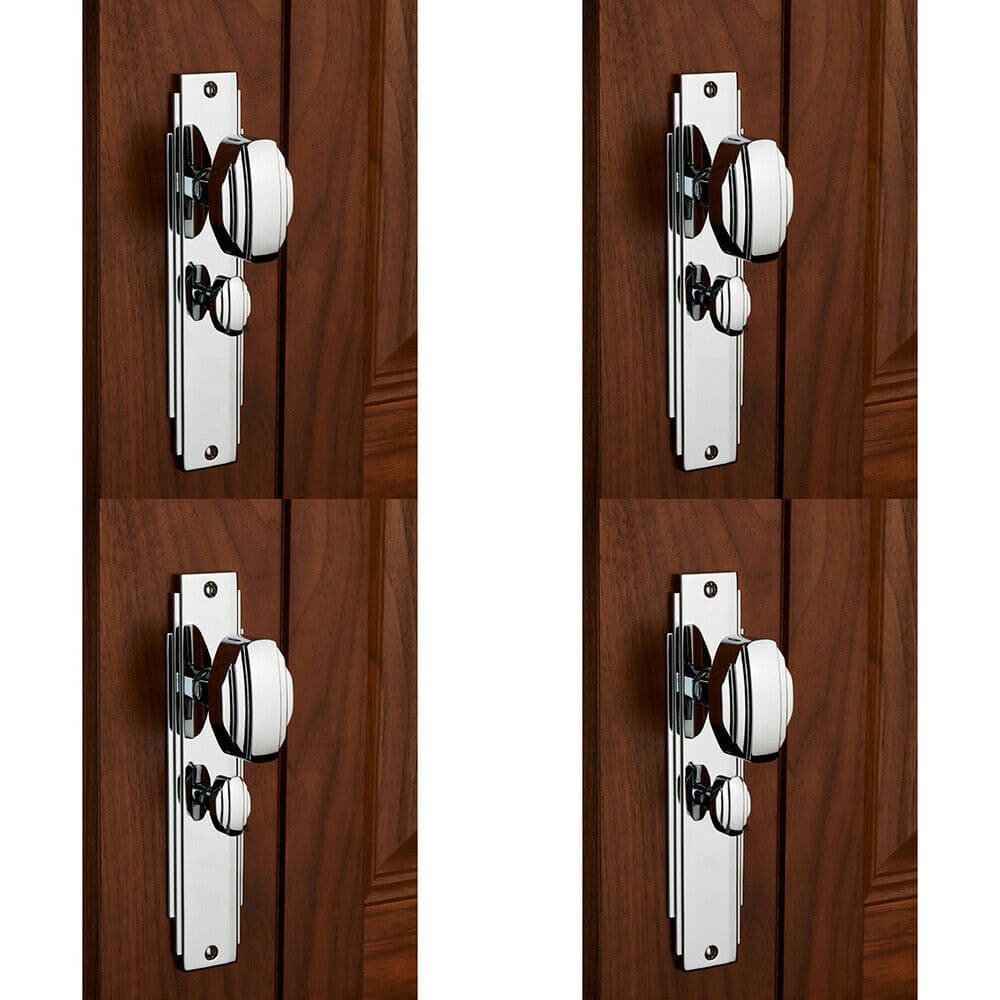 4x PAIR Line Detailed Door Knob on Bathroom Backplate 205 x 45mm Polished Chrome