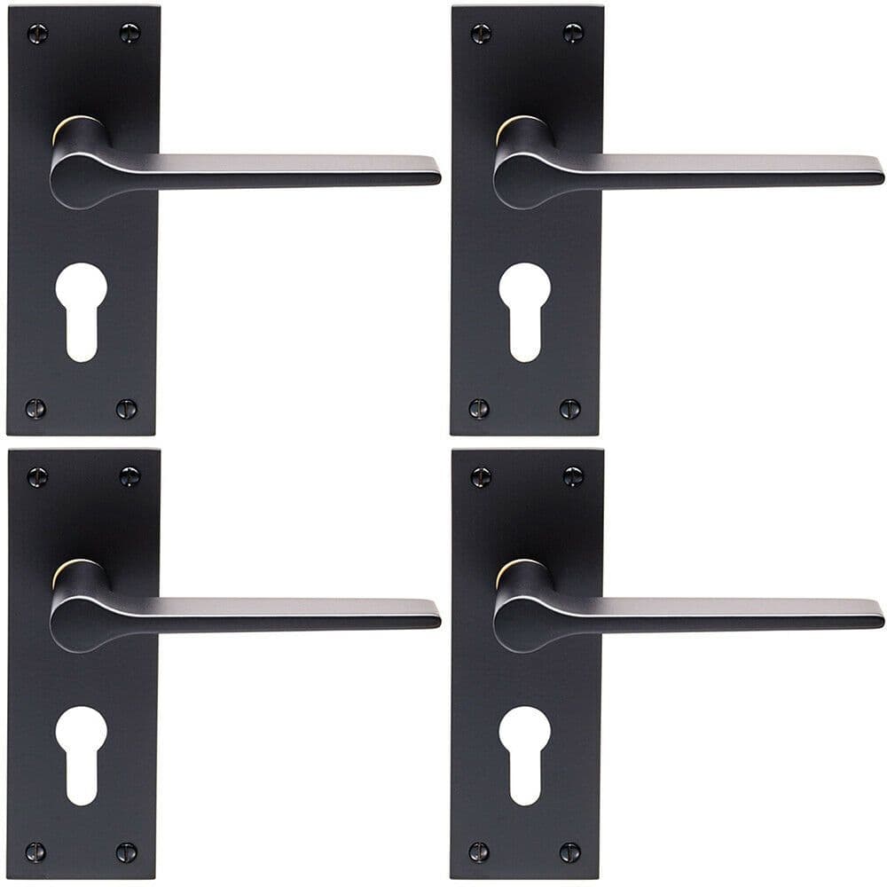 4x PAIR Flat Straight Handle on Slim Euro Lock Backplate 150 x 50mm Matt Black