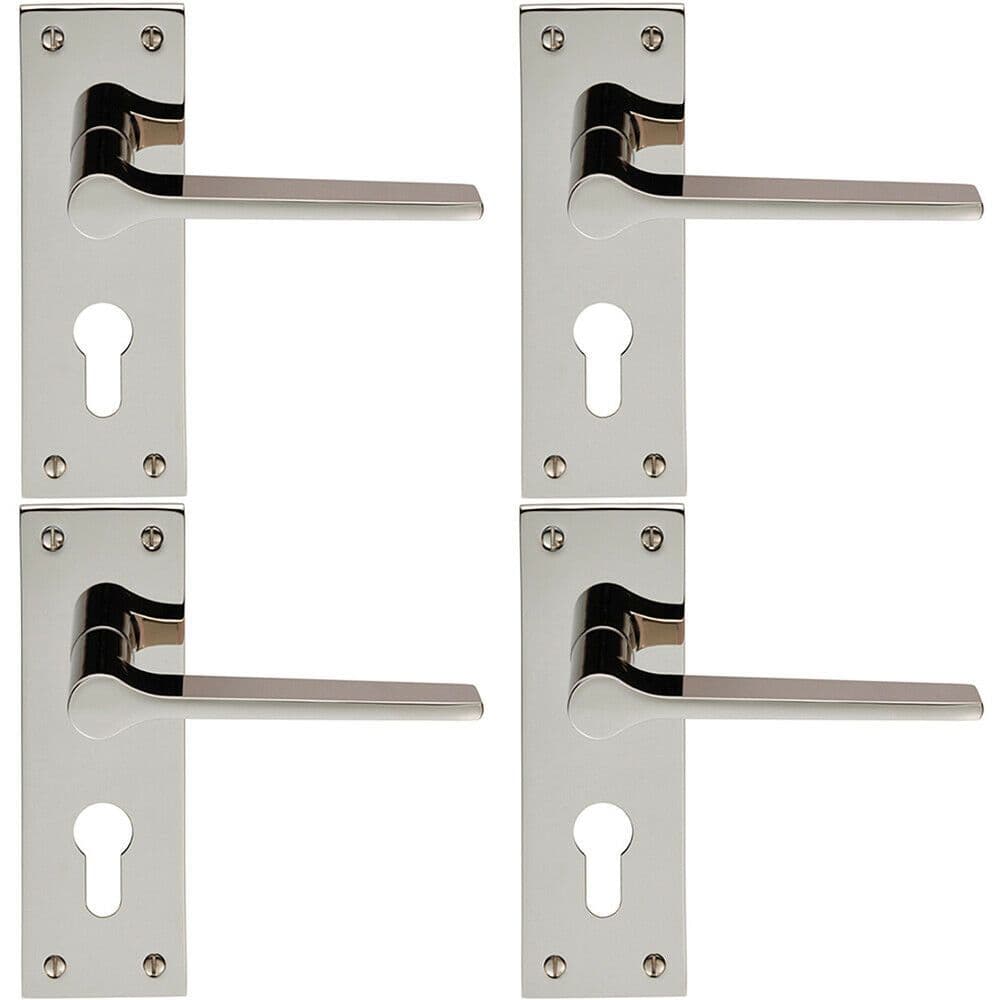 4x PAIR Flat Straight Lever on Slim Euro Lock Backplate 150 x 50mm Nickel