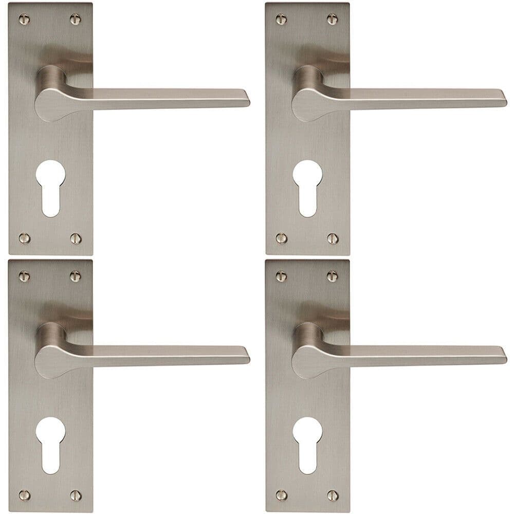 4x PAIR Flat Straight Lever on Slim Euro Lock Backplate 150 x 50mm Satin Nickel