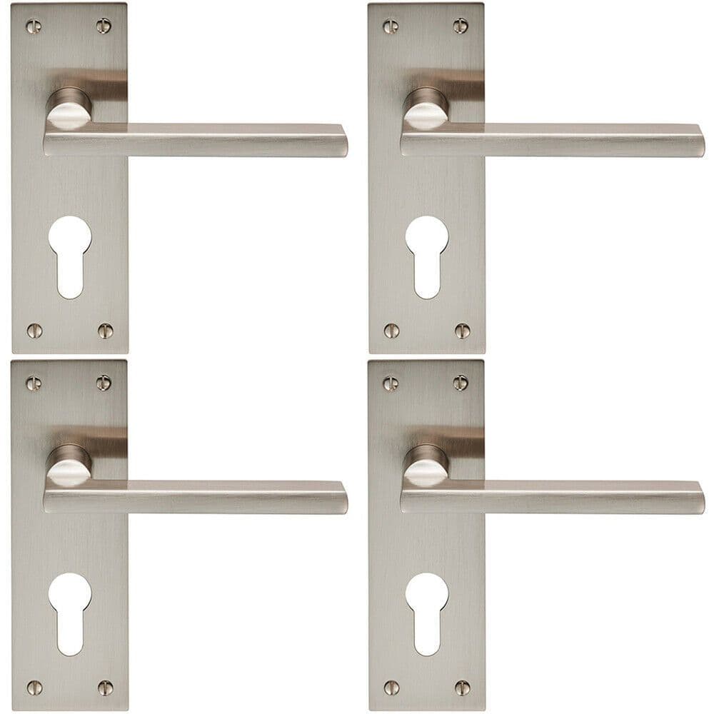 4x PAIR Straight Bar Handle on Slim Euro Lock Backplate 150 x 50mm Satin Nickel