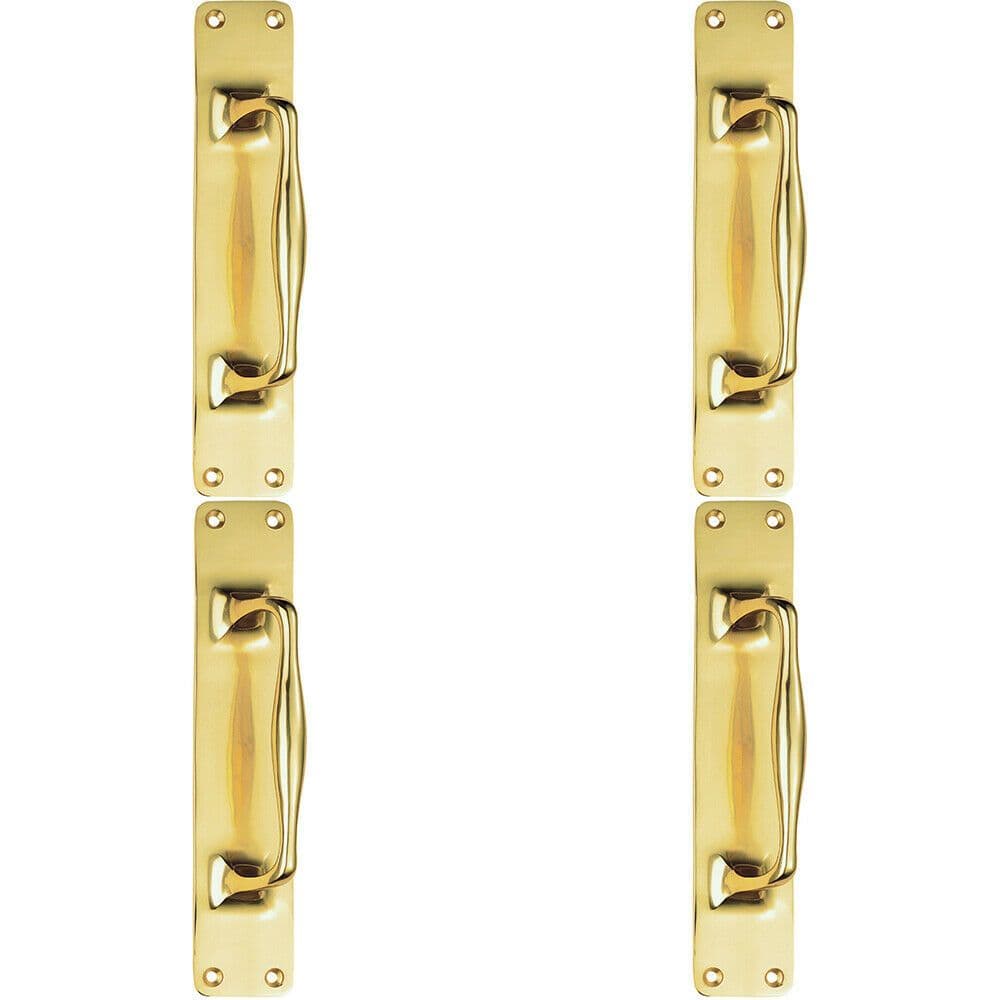4x One Piece Door Pull Handle on Backplate 297mm Length Polished Brass