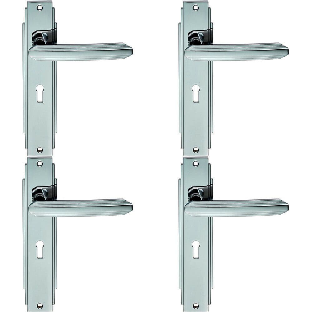 4x PAIR Line Detailed Handle on Lock Backplate 205 x 45mm Polished Chrome