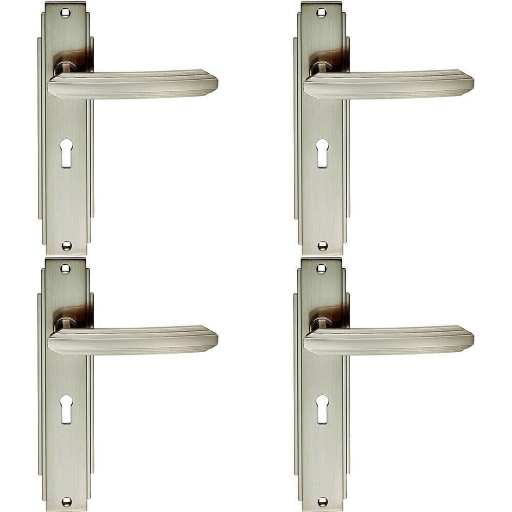 4x PAIR Line Detailed Handle on Lock Backplate 205 x 45mm Satin Nickel