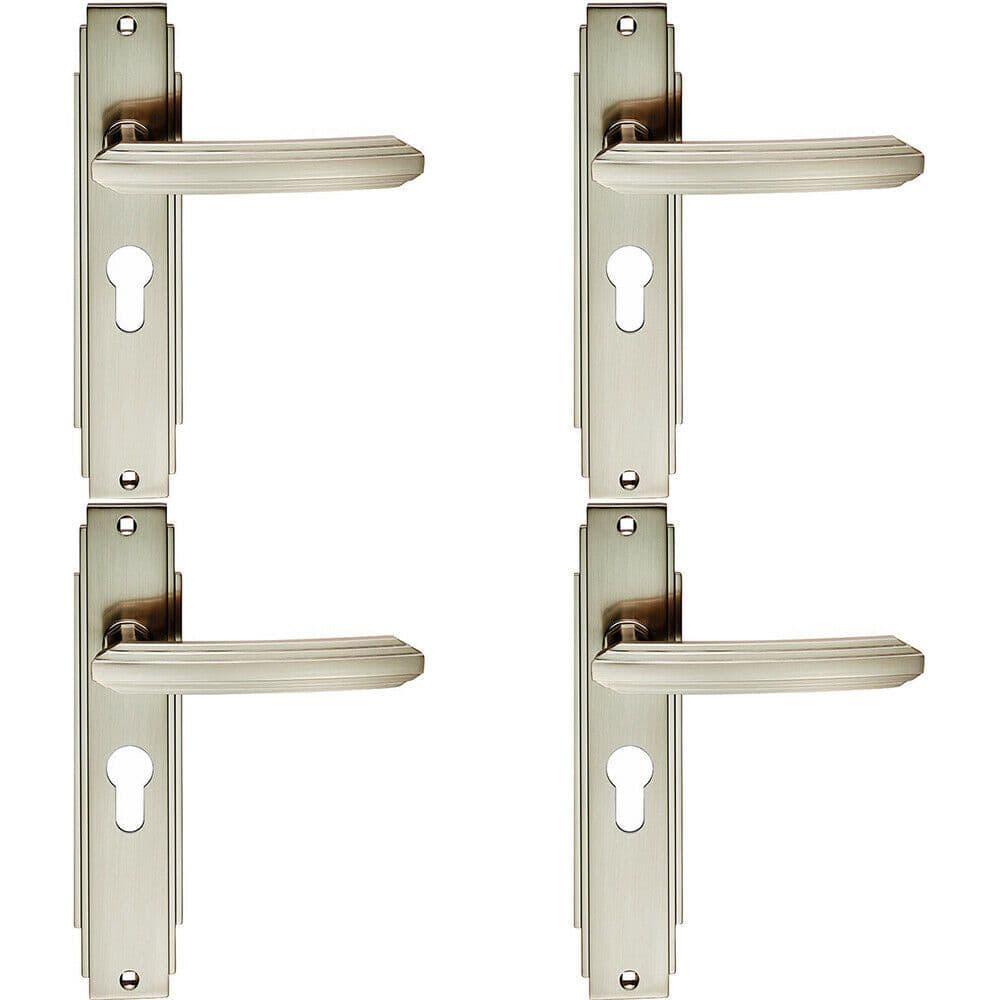 4x PAIR Line Detailed Handle on Euro Lock Backplate 205 x 45mm Satin Nickel