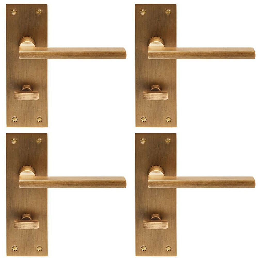 4x PAIR Straight Bar Handle on Slim Bathroom Backplate 150 x 50mm Antique Brass
