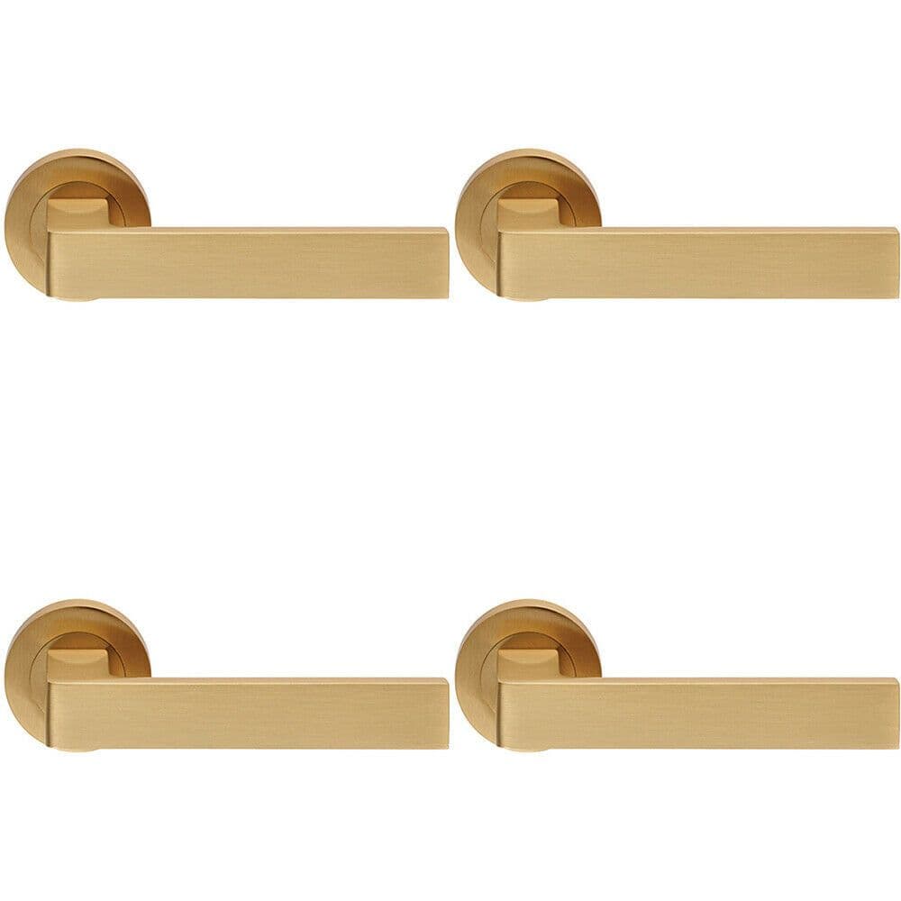 4x PAIR Straight Square Handle on Round Concealed Fix Satin Brass