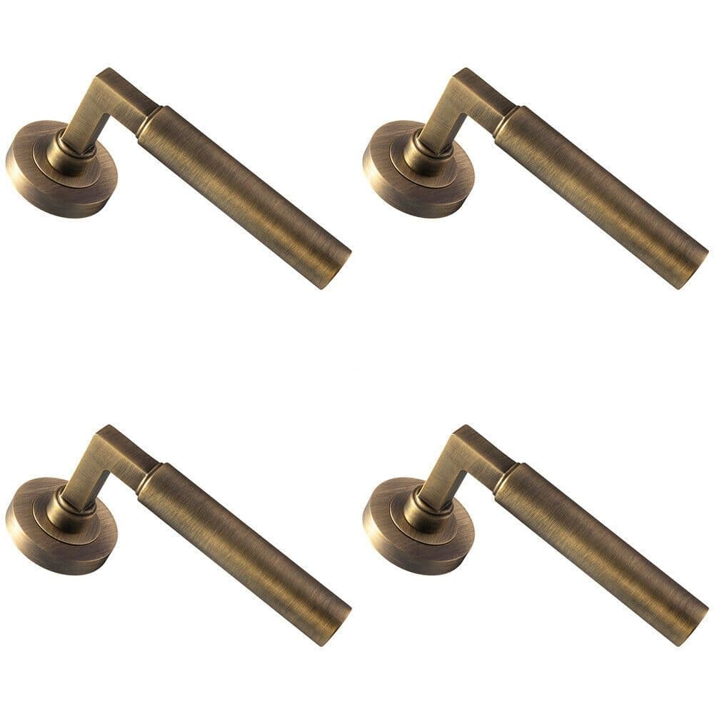 4x PAIR Straight Round Bar Handle on Round Rose Concealed Fix Antique Brass