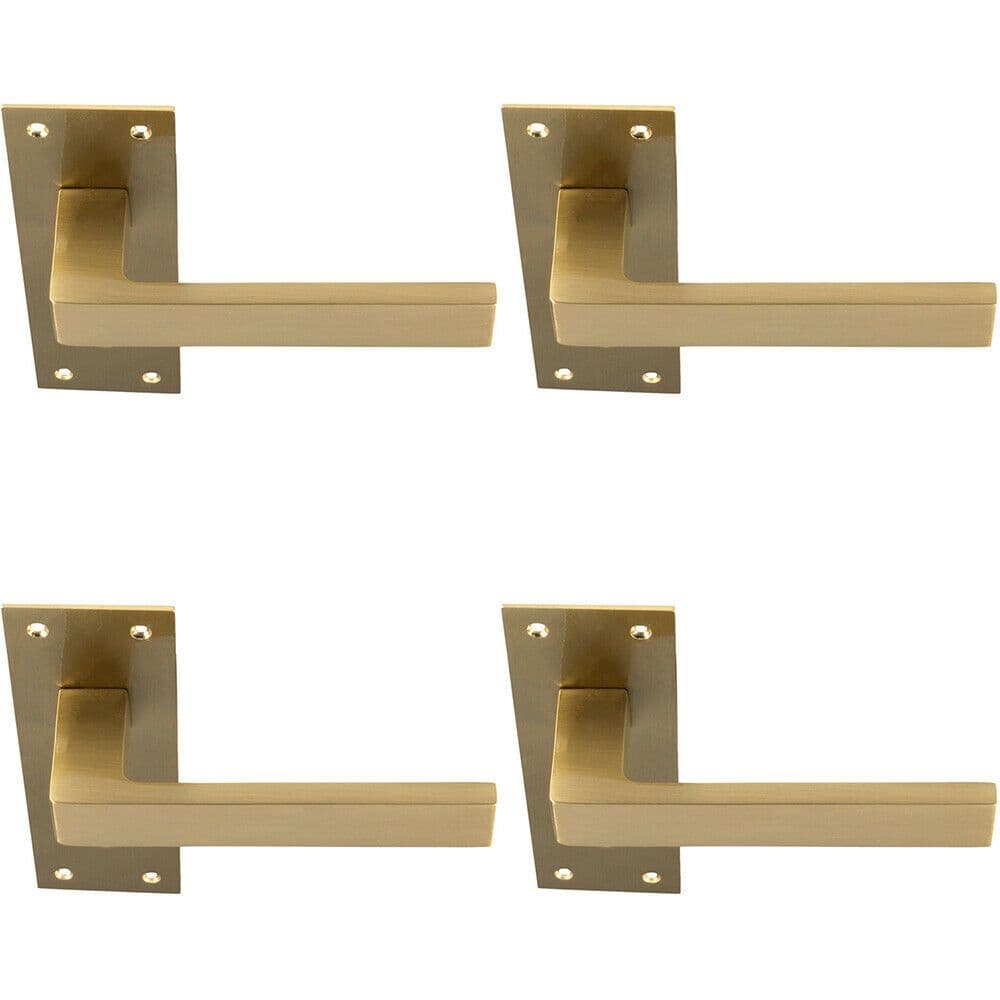 4x PAIR Straight Square Handle on Slim Lock Backplate 150 x 50mm Satin Brass