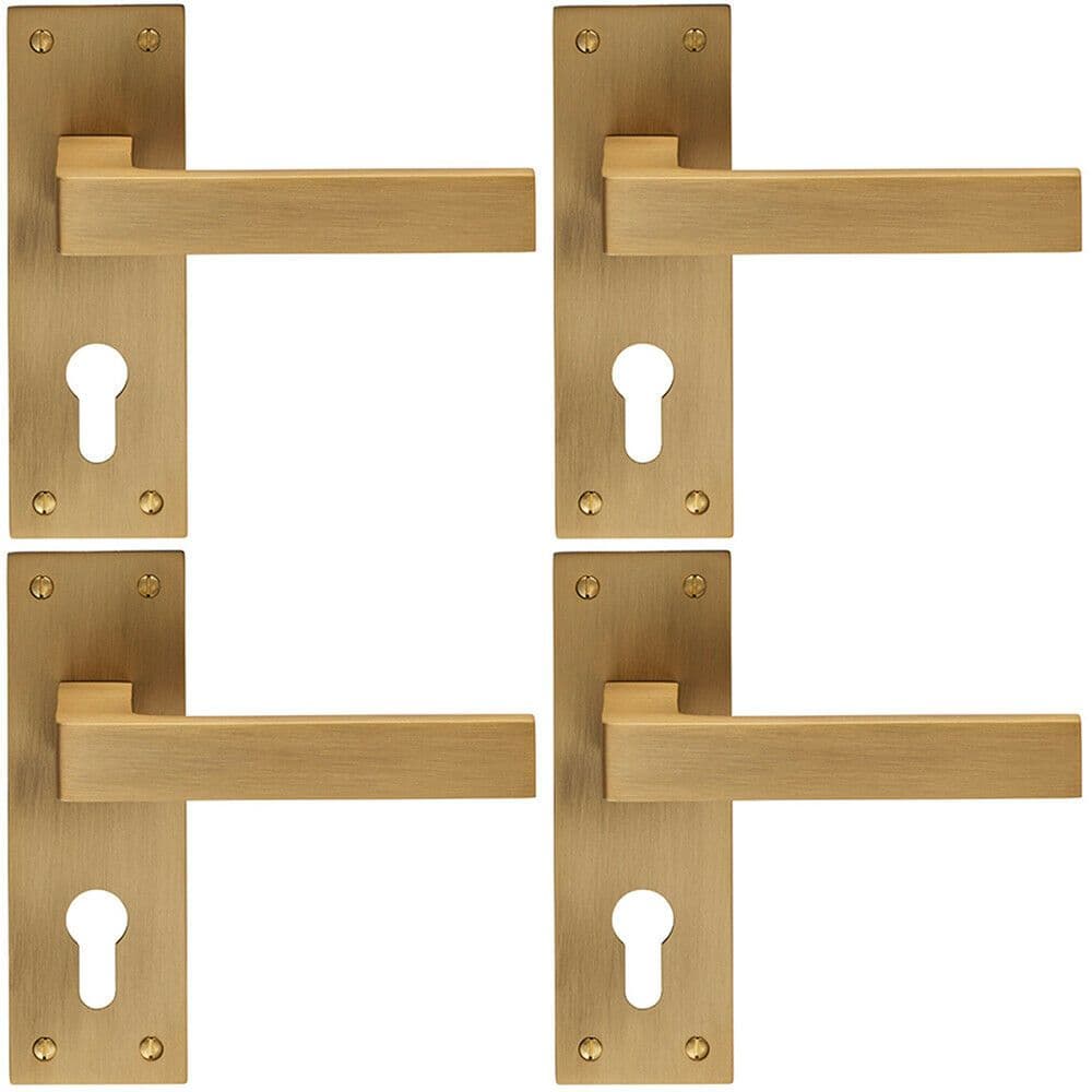 4x PAIR Straight Square Handle on Euro Lock Backplate 150 x 50mm Antique Brass
