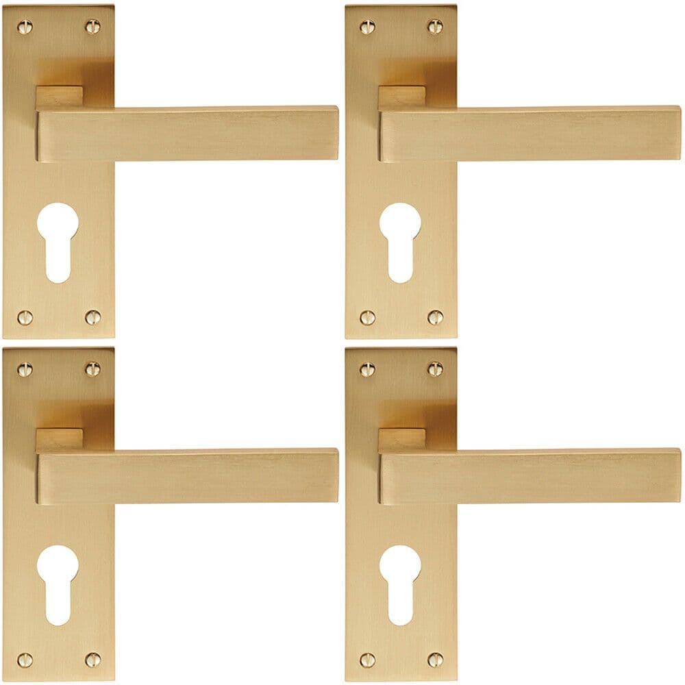 4x PAIR Straight Square Handle on Euro Lock Backplate 150 x 50mm Satin Brass