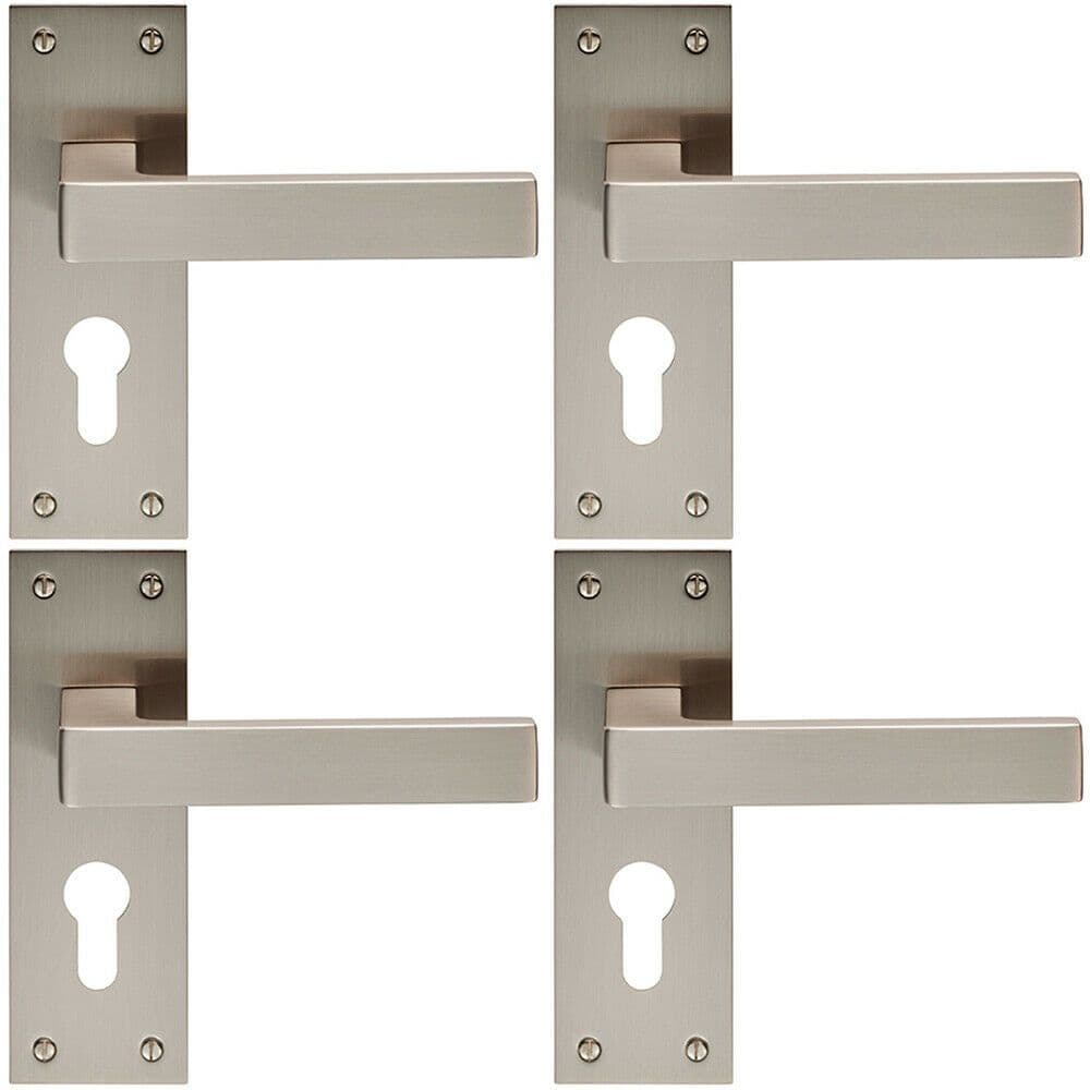 4x PAIR Straight Square Handle on Euro Lock Backplate 150 x 50mm Satin Nickel