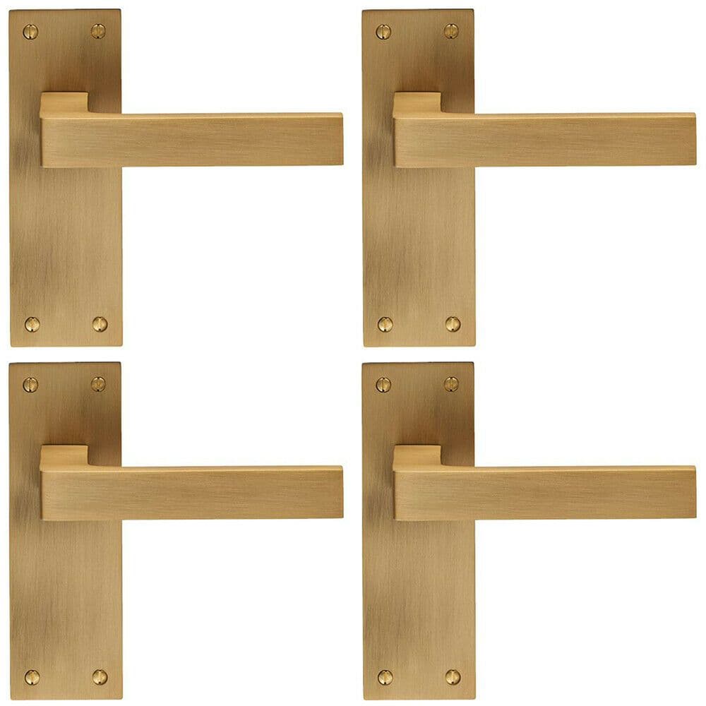 4x PAIR Straight Square Handle on Slim Latch Backplate 150 x 50mm Antique Brass