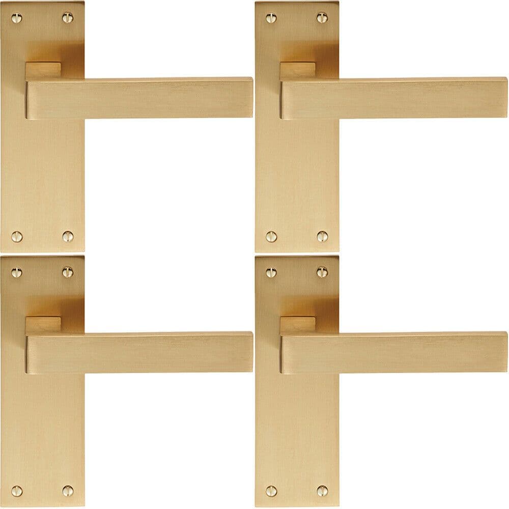 4x PAIR Straight Square Handle on Slim Latch Backplate 150 x 50mm Satin Brass