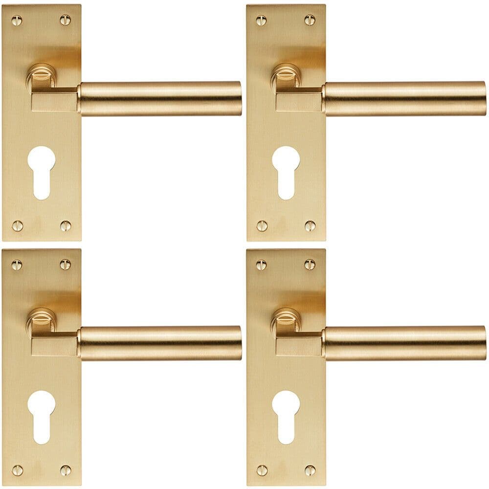 4x PAIR Round Bar Handle on Slim Euro Lock Backplate 150 x 50mm Satin Brass
