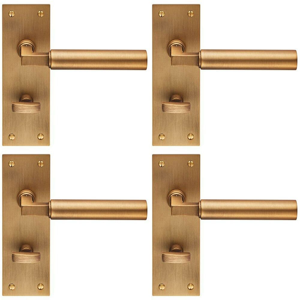 4x PAIR Round Bar Handle on Slim Bathroom Backplate 150 x 50mm Antique Brass