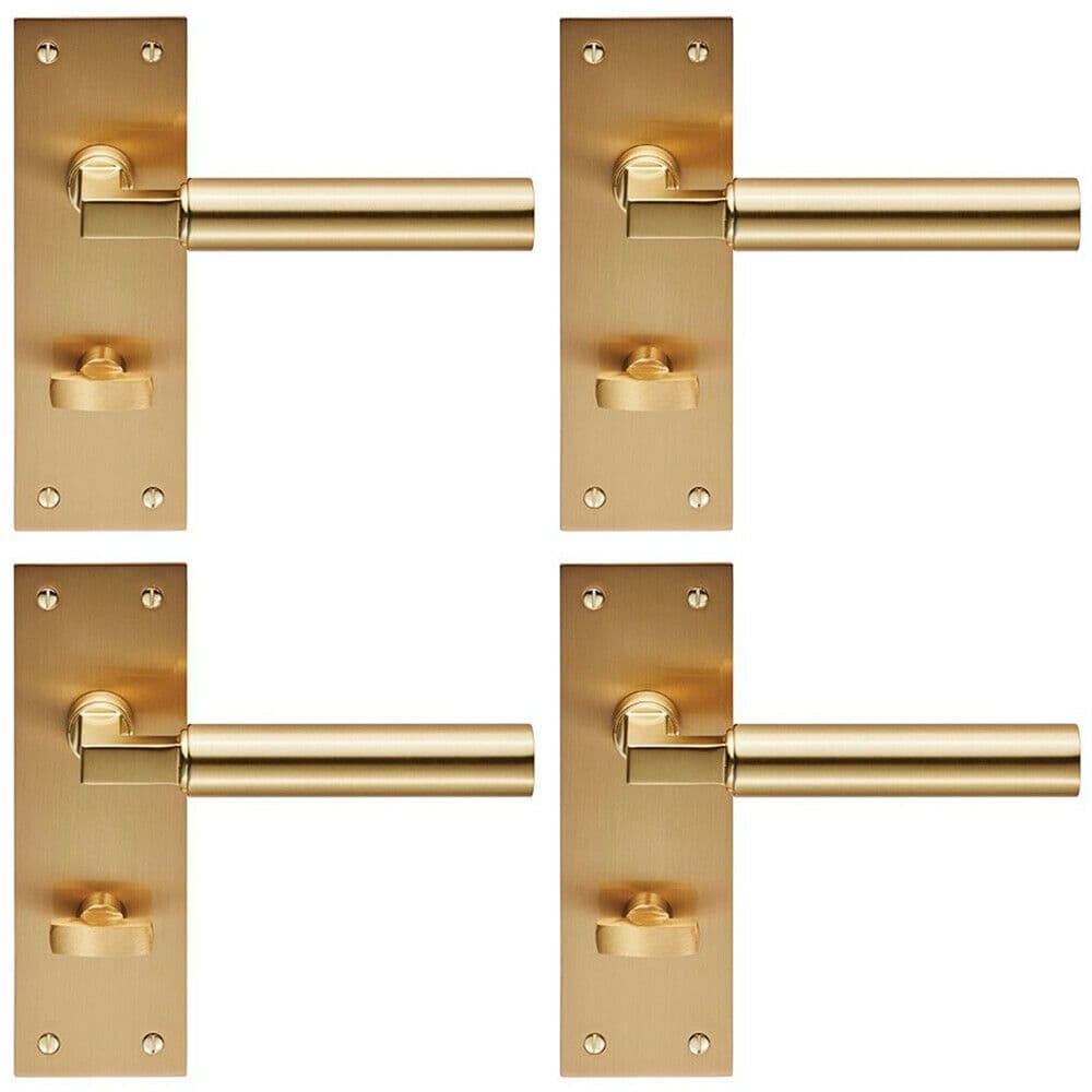 4x PAIR Round Bar Handle on Slim Bathroom Backplate 150 x 50mm Satin Brass
