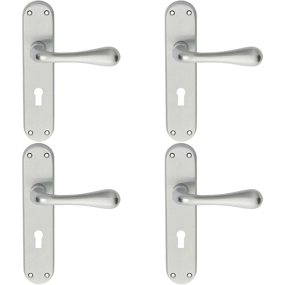 4x PAIR Smooth Round Bar Handle on Lock Backplate 185 x 40mm Satin Chrome