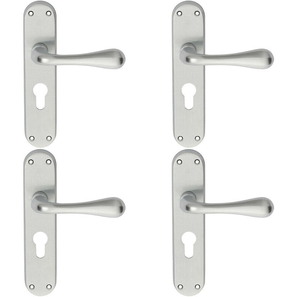 4x PAIR Smooth Round Bar Handle on Euro Lock Backplate 185 x 40mm Satin Chrome