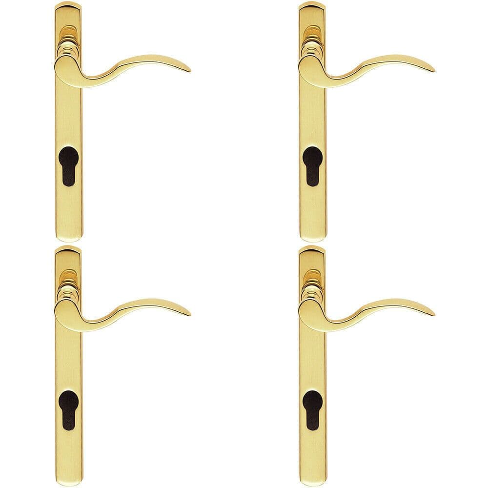 4x Scroll Lever Door Handle on Lock Backplate Polished Brass 208mm X 25mm