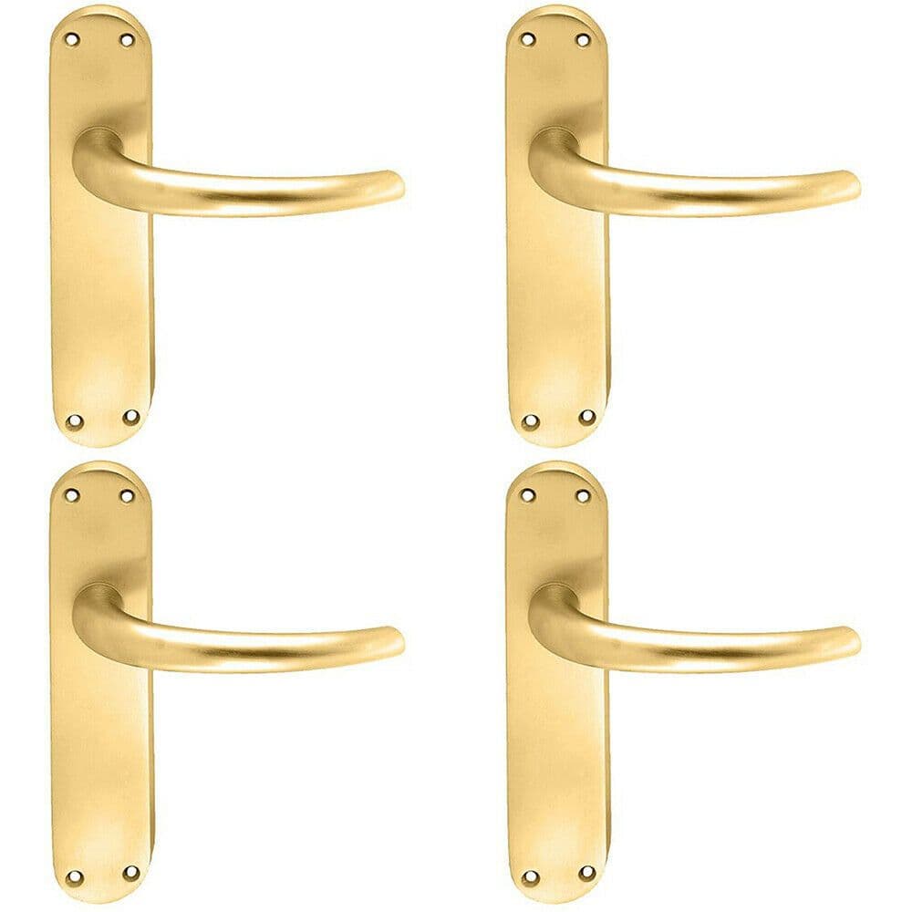 4x PAIR Slim Round Bar Handle on Shaped Latch Backplate 185 x 40mm Satin Brass