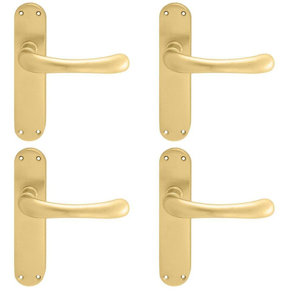 4x PAIR Smooth Rounded Handle on Shaped Latch Backplate 185 x 42mm Satin Brass