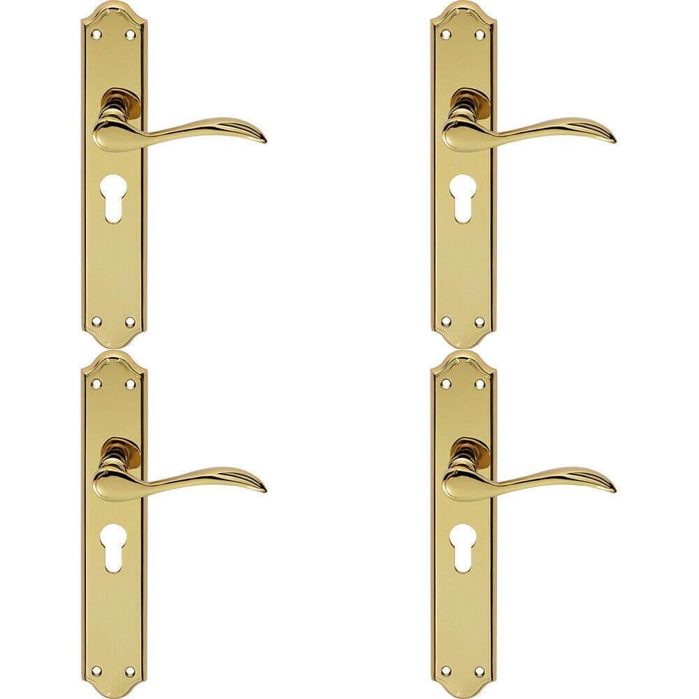 4x PAIR Curved Handle on Long Euro Lock Backplate 245 x 45mm Stainless Brass