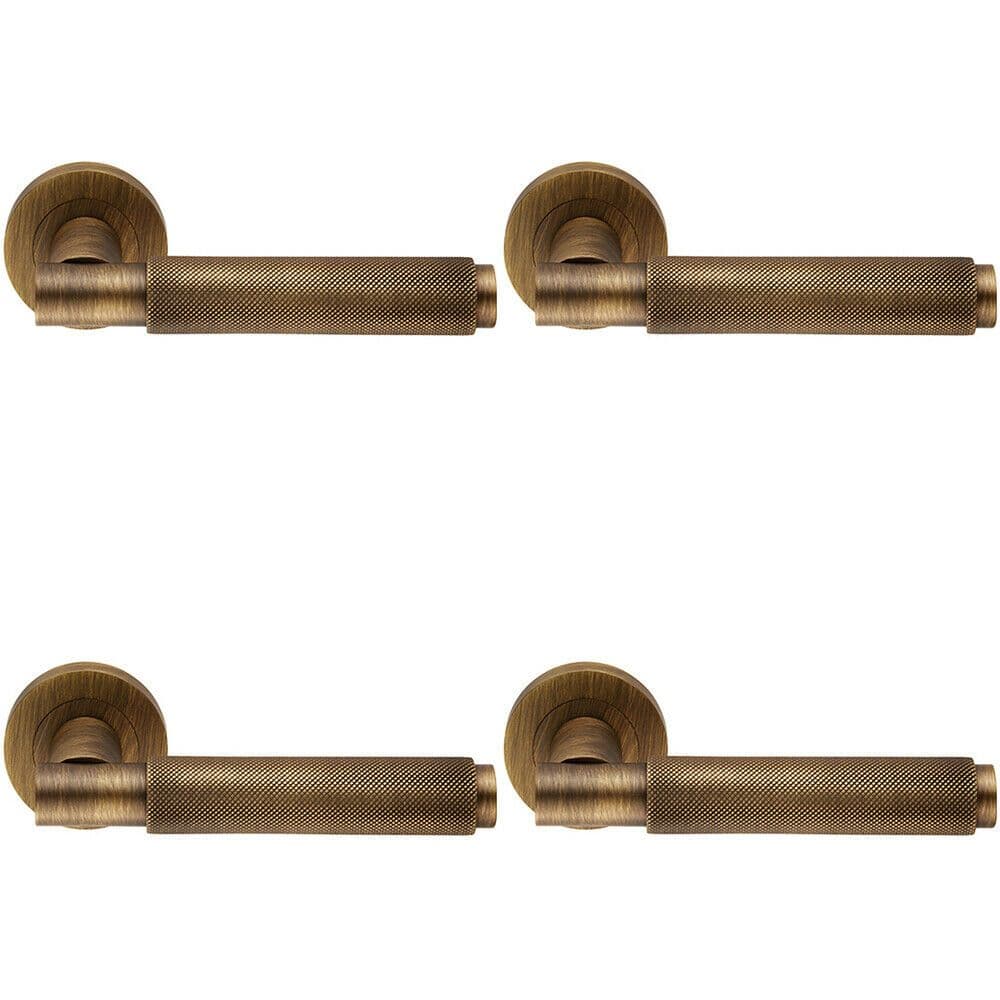 4x PAIR Knurled Grip Round Bar Handle on Round Concealed Fix Antique Brass
