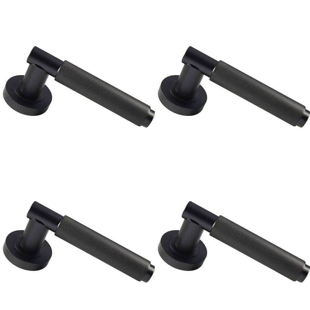 4x PAIR Knurled Grip Round Bar Handle on Round Rose Concealed Fix Matt Black