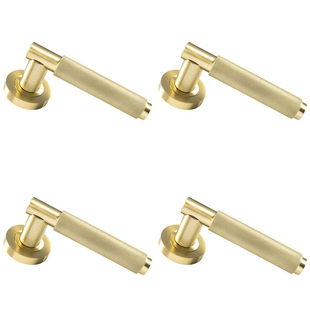 4x PAIR Knurled Grip Round Bar Handle on Round Concealed Fix Satin Brass