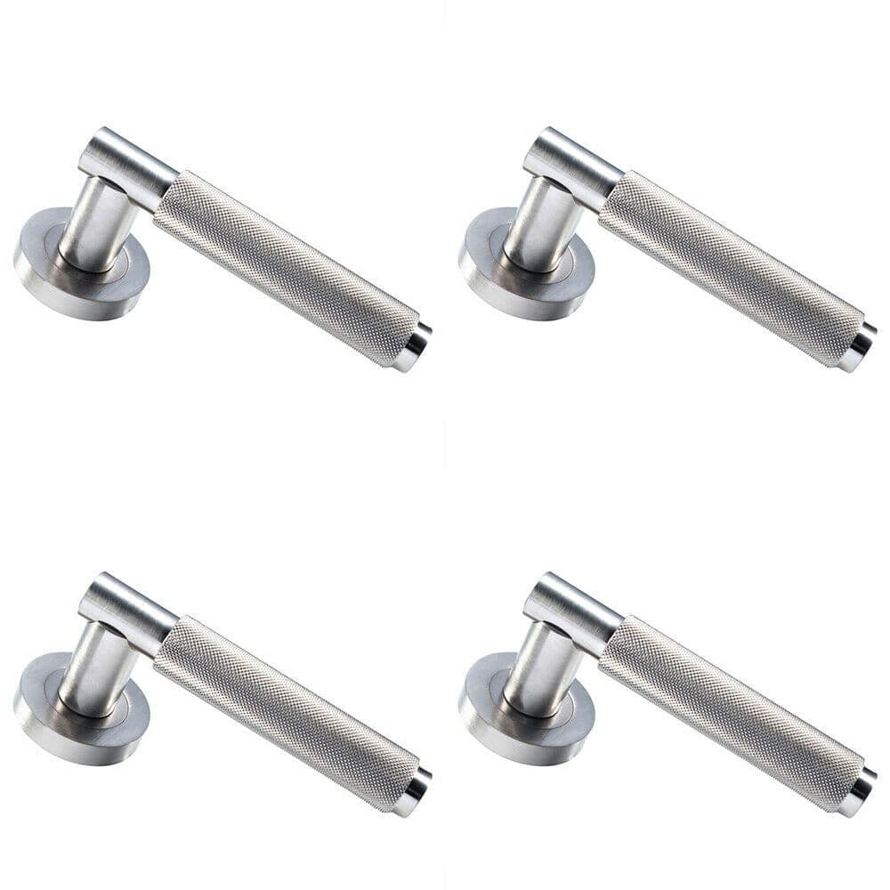 4x PAIR Knurled Grip Round Bar Handle on Round Rose Concealed Fix Satin Nickel