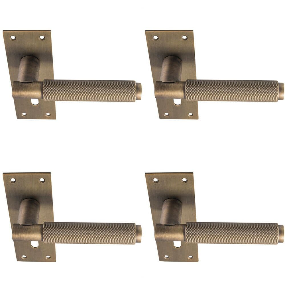 4x PAIR Knurled Round Handle on Slim Lock Backplate 150 x 50mm Antique Brass